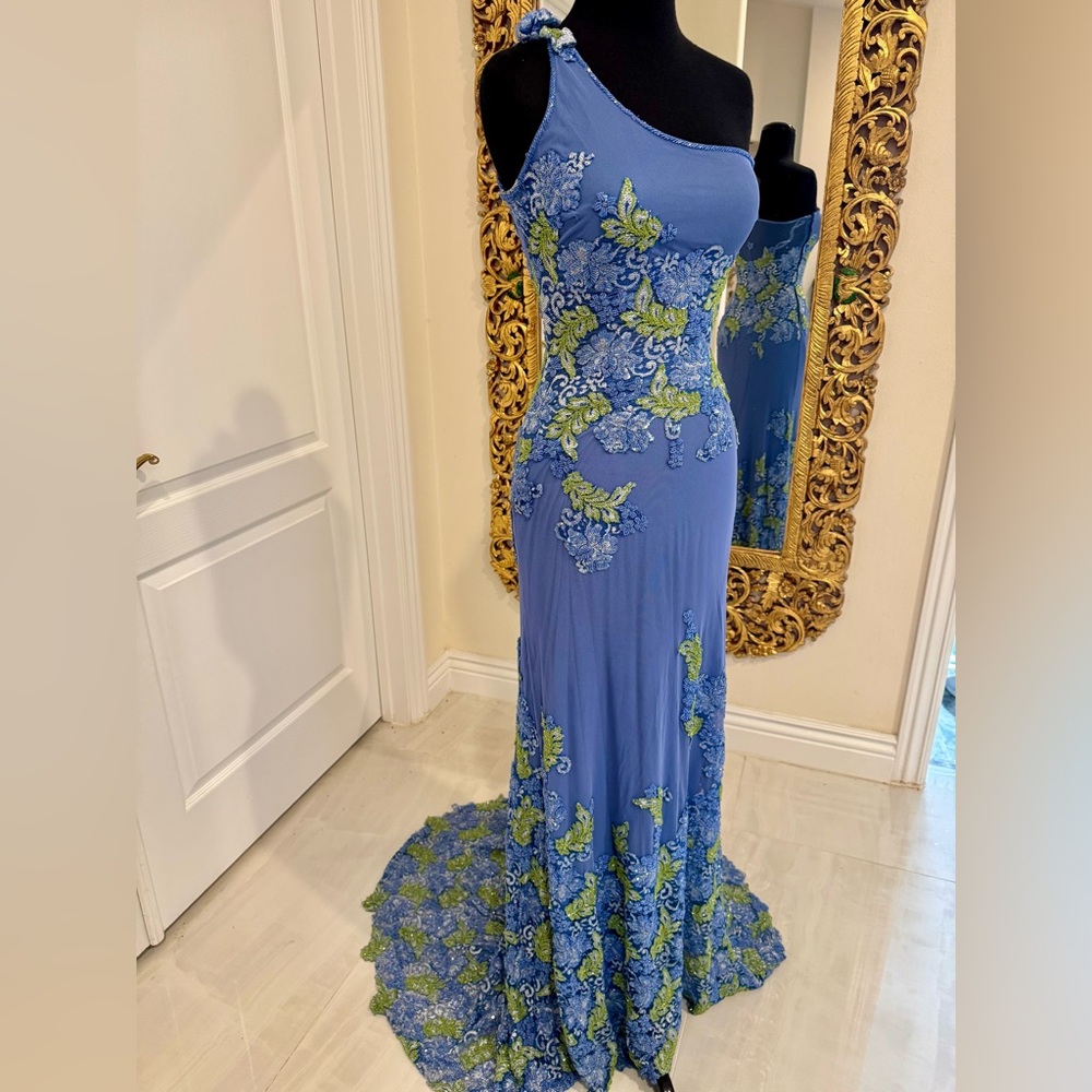 Elegant sapphire Blue & Green intensely beaded Attitudes by Debra Evening‎ Gown